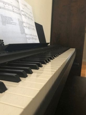 Piano keyboard and sheet music.