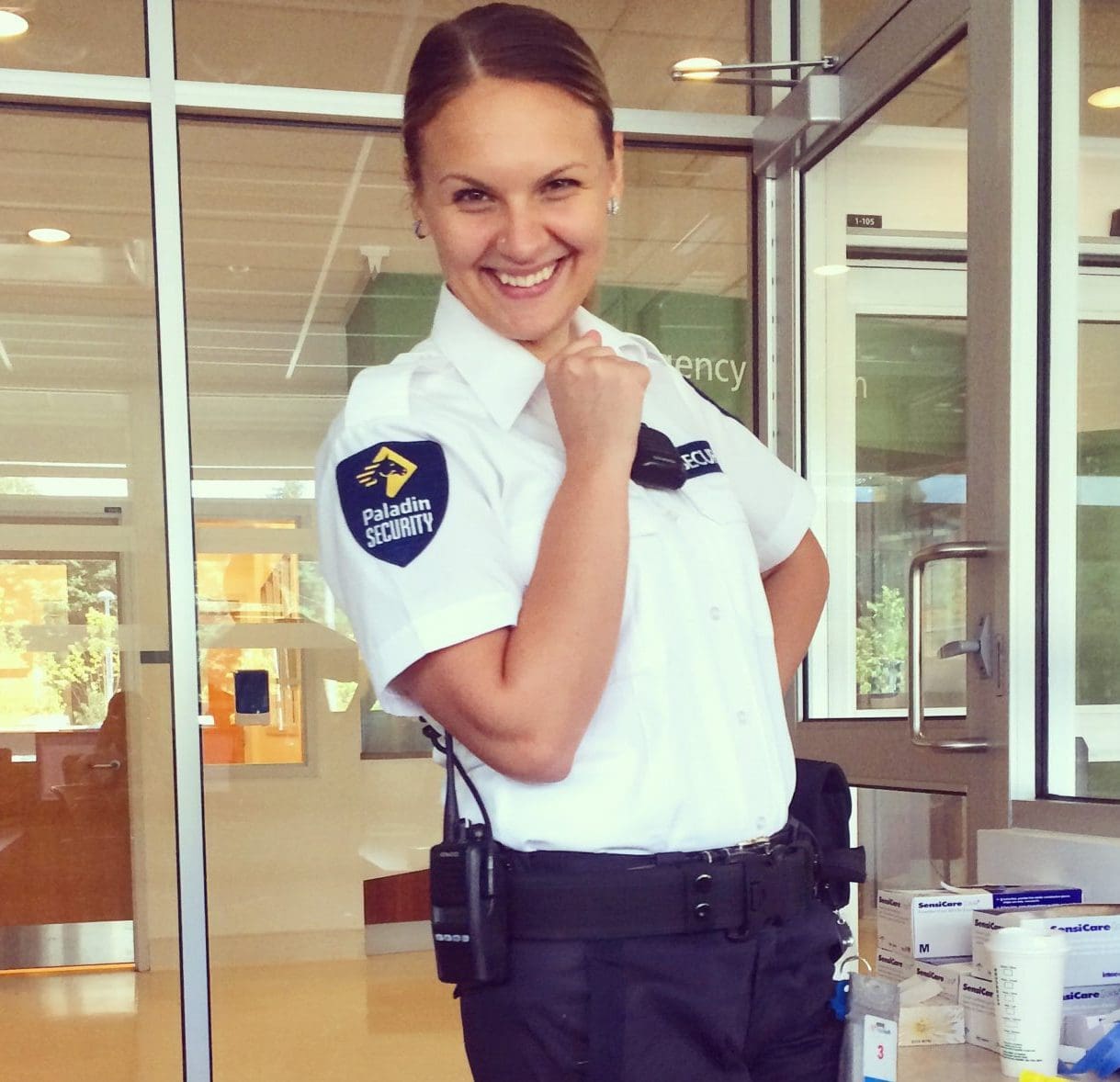 Oksana working at Surrey Memorial Hospital in her Paladin Security uniform.